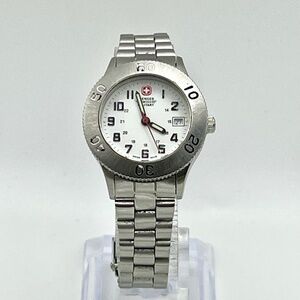 Vintage 90’s Wenger Swiss Military Round White Silver tone Ladies Watch Working